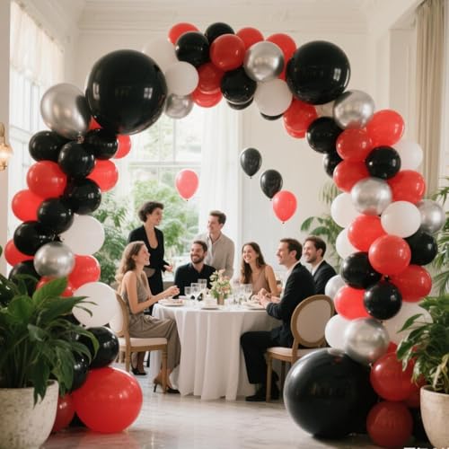 Image of 412Pcs Red Black and White Balloon Garland Arch Kit,18 12 10 5 Inch Different Size Red Black White Balloons for Shower Birthday New Year Graduation Wedding Racing Car Poker Party Decorations