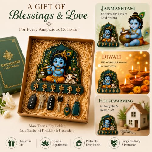 Image of Radha Krishna Key Holder for Wall, 10X10 Inches | 5 Metal Hooks, Premium Wooden, Spiritual Wall Decor, Home Entrance Living Room Office