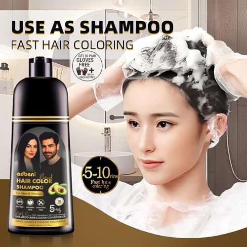 Image of Adbeni Natural Black Hair Color Shampoo 400ml with Conditioner | Ammonia & Paraben Free, No Harsh PPD | 5 Min Grey Coverage | For Men & Women | With Argan Oil & Herbal Extract | 10 Pair Gloves
