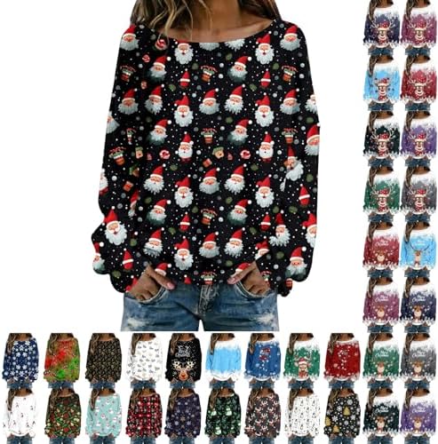 Christmas Sweaters for Women Funny Ugly Santa Snowflake Print Tops Boat Neck Long Sleeve Imitation Sweater Knit Pullover