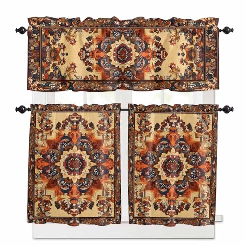 Bohemian Flower Kitchen Curtains 24 Inch Length,3 Piece Rod Pocket Small Half Tiers and Valance Set,Boho Tribal Colorful Distressed Printed Small Large Window Treatment Decor for Bedroom/Bathroom