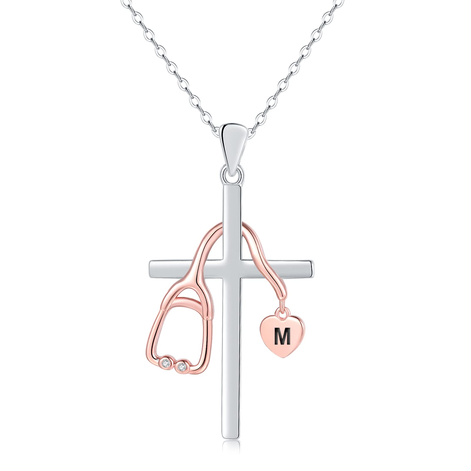 Initial Stethoscope Medicine 925 Sterling Sliver Heart Women Necklace Nurses Week Jewelry Gift for Medical Student Doctor Nurse Dainty Christian