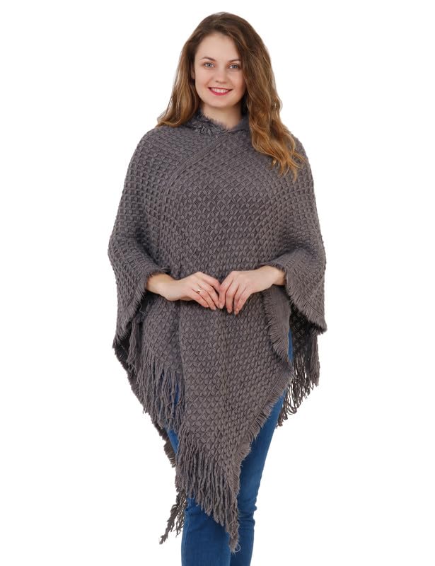 MANRA Ladies' Hooded Cape with Fringed Hem, Crochet Poncho Knitting Patterns for Women (SC 21/GREY/XXL)-picture-42