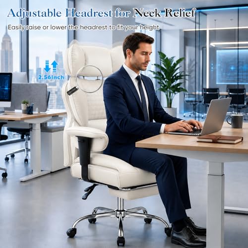 Image of Big and Tall Office Chair 350 LBS, Scratch-Resistant PU Leather Executive Office Desk Chair with Footrest, Ergonomic Reclining Computer Chair with Pocket Spring Support for Home Office, Beige