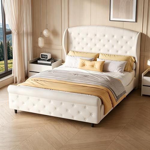 PerGar Lit rembourré 140 x 200 cm au design traîneau - Cadre de lit avec sommier à lattes et tête de lit incurvée - Lit double - Élégant lit en tissu...