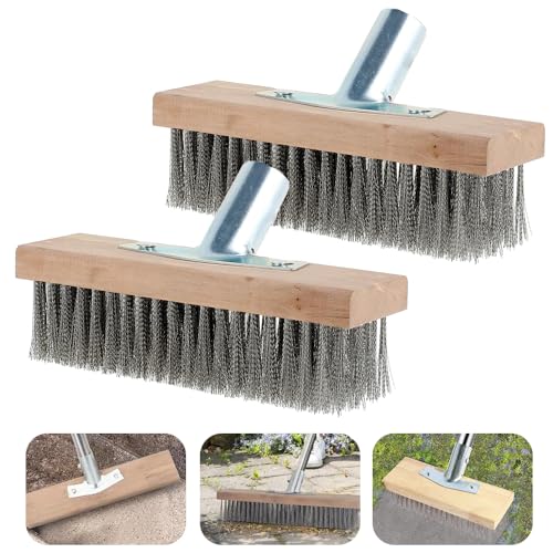 2 cepillos de alambre de 30 x 7 cm, escoba de alambre, escoba de acero inoxidable, cepillo de alambre de acero, para mango de madera, escoba de jardín, musgo, malas hierbas, manchas persistentes