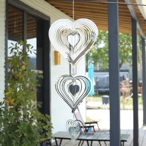 THQZLH 3 Silver Heart Wind Spinners - Hanging Wind Spinners Outdoor for Garden, Yard Decor