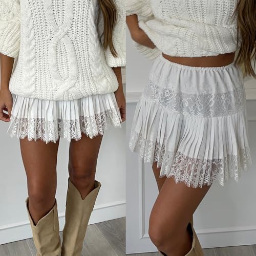 Women Lace Mini Skirt Ruffle Pleated Slip Y2k Flowy Skirts with Lined Shorts3