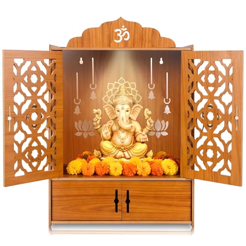 Image of Pack of 1 Wooden MDF Temple Mandir for Home & Shops, Size 51x37x27 Cm1 Piece LED Light & Complete Wall Mount Kit with Door & Cabinet with Storage Space, Assembly Required, Pooja Mandir