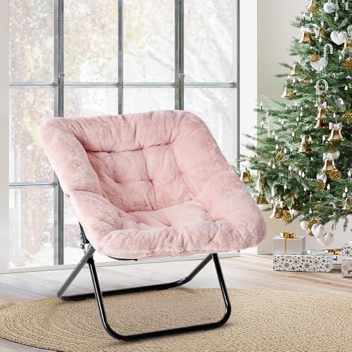 Image of Simple Deluxe Oversized Square Moon Chair for Adults, Soft Faux Fur Folding Lounge Chair with Sturdy Steel Frame, Comfortable Reading Gaming Chair for Living Room, Bedroom, Pink