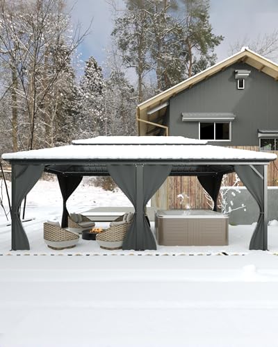Hardtop Gazebo 12'x20' for All Weather, with Double Metal Roof, Aluminum Alloy Frame, Net, and Curtain, Permanent Building for Patio, Deck, Backyard, Lawn, and Garden, Gray