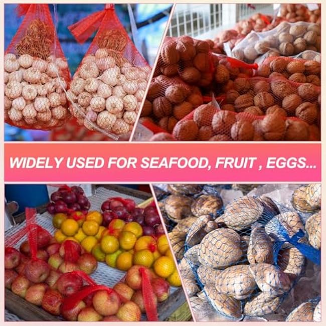 uxcell 100PCS Reusable Mesh Produce Bags, 15.7 Inches Egg Hatching Bags Washable Breathable Fruit Net Stretchable Mesh Netting Storage for Seafood Vegetable Onion Grocery Shopping, Red