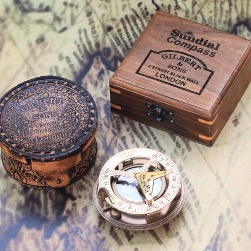 Brújula de latón antigua con reloj solar 4 pulgadas miniatura 7