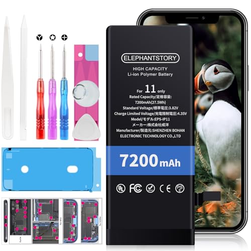 Elephantstory Battery For Iphone 11, 7200Mah High Capacity New 0 Cycle Internal Battery For Iphone 11 (Model A2111 A2221 A2223) With Complete Repair Tool cover