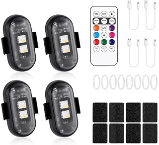 vsshe Luces LED inalámbricas para coche vsshe, paquete de 4, 8 colores, impermeables, con control remoto, carga USB, anticolisión, estroboscópicas para motocicletas, coches, bicicletas y drones RC