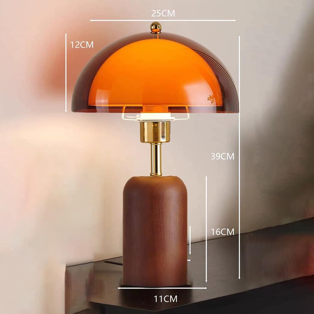 Lampa Stołowa LED w Kształcie Grzyba, Drewniana, z Pilotem, z Regulacją Jasności, z Przełącznikiem i Wtyczką, Lampa Grzybkowa w Stylistyce Retro, z Akrylowym Kloszem, Lampka Dekoracyjna