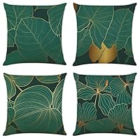 Federe Cuscini Lino 50x50 Set Di 4 - Stampa Ginkgo Verde E Oro | Per Divano Moderno - Foto 3
