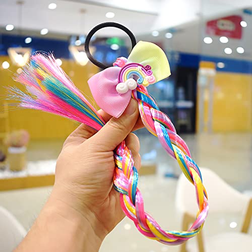 6Pcs Girls Colored Braids Hair Extensions With Rubber Bands, Rainbow Braided Hairpieces Hair Bows Wig Ponytails Kids Favor Diy Hair Accessories For Girls Gift Birthday Party Cosplay Daily Dress Up #TOP4