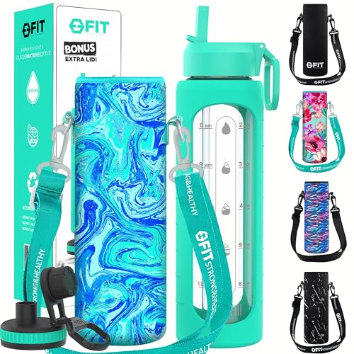 Botella de agua de vidrio de 32 onzas con tapa con pajilla, marcador de tiempo, funda, tapa extra y soporte para botella de agua con correa, motivacional, boca ancha, botella de vidrio de 1 litro