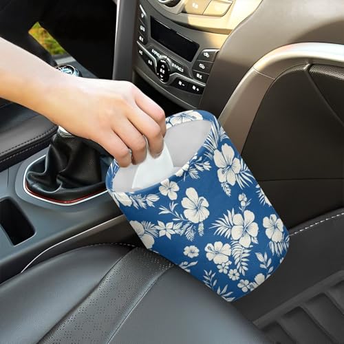 Image of Blue Tropical Flower Car Garbage Can Mini Car Trash Bin Hanging Headrest with Adjustable Buttons Multipurpose Cars Organizer