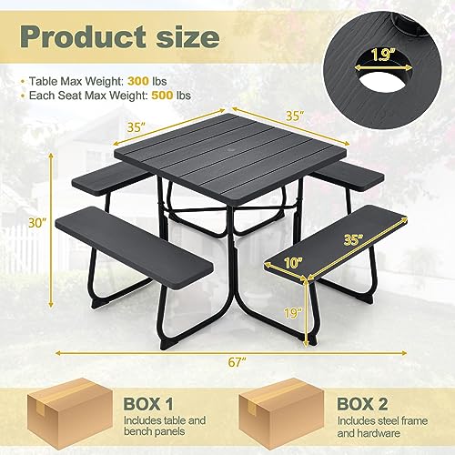 Image of Tangkula 8 Person Picnic Table, Outdoor Square Picnic Table with 4 Built-in Benches, Umbrella Hole, Metal Frame & HDPE Tabletop, Outside Table and Bench Set for Backyard, 2300lbs Weight Capacity