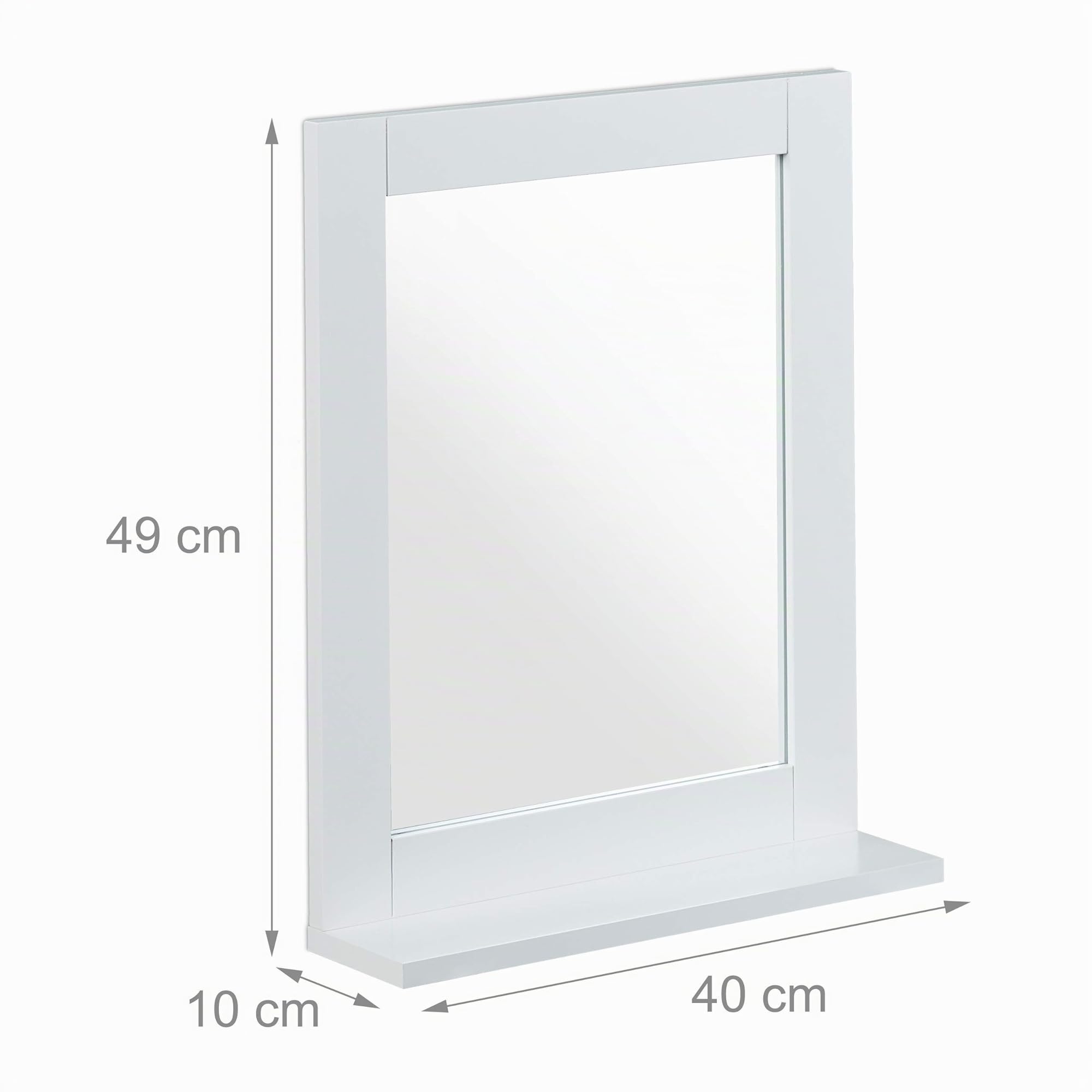 Relaxdays Espejo para Pared con Balda y Marco MDF, Colgante, Baño, Pasillo, Rectangular, Moderno, 49x40x10 cm, Blanco