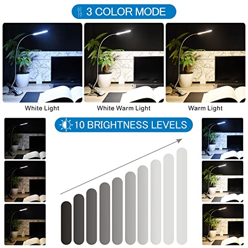 Image of KNAMKY USB LED Clip-on Desk Lamp, Reading Light, 3 Light Modes & 10 Dimmable Brightness, Eye Care, Book Lamp, Bedside Lamp with Flexible Neck, Adjustable, Perfect for Learning and