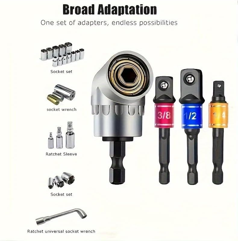 4pcs Impact Grade Power Tool Set with Socket Adapter & Extension - Durable Metal Construction, Includes 1/4", 3/8", 1/2" Hex Shank Drill Bits, Nut Driver, and 105° Right Angle Attachment