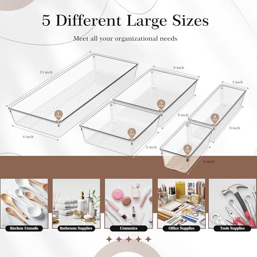 Image of Criusia 11 PCS Clear Plastic Drawer Organizer Set - 5 Large Size Versatile Kitchen and Bathroom Organizer Trays, Non-Slip Storage Bins for Makeup, Utensils, Tool and Office Desk