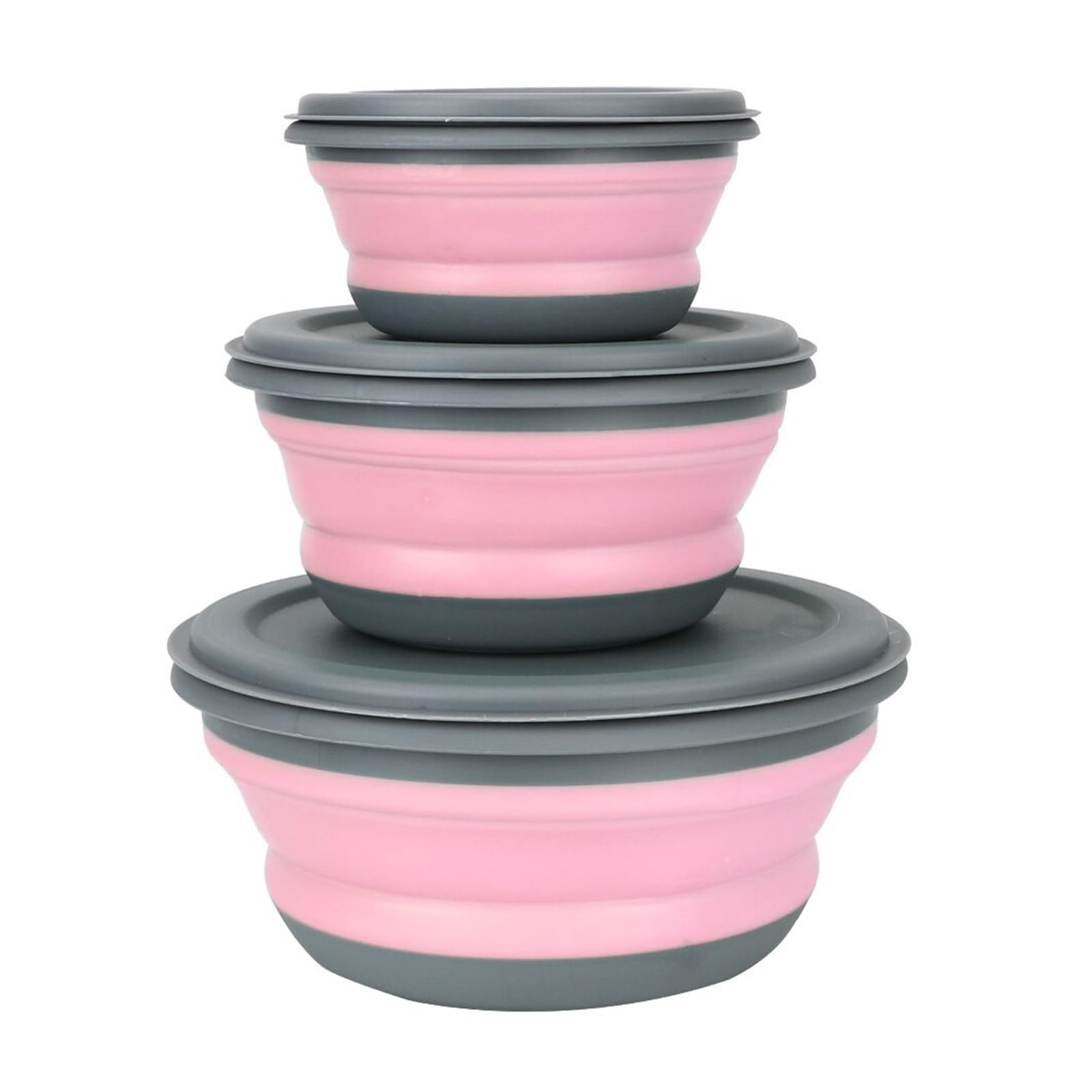 Fiambrera De Silicona 3 Cuencos Plegables de Silicona con Tapa, lonchera Plegable, Juego de ensaladeras portátiles(Pink)