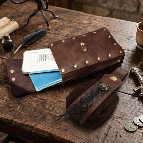 Image of Renaissance Belt Pouch Medieval Viking Leather Bracers Set for LARP