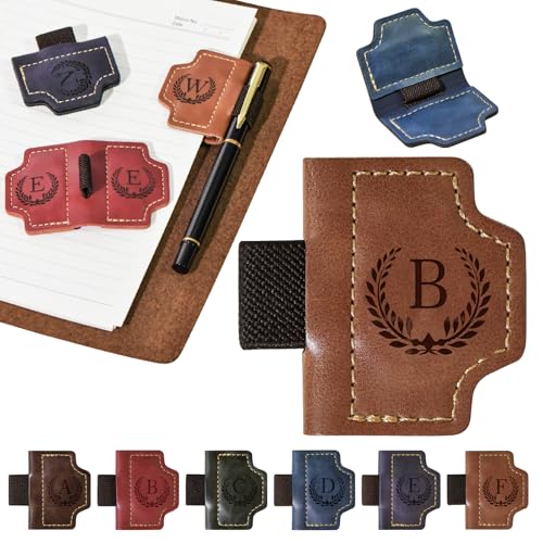 Personalized Magnetic Leather Bookmark with Pen Holder, 26 Letters Magnetic Leather Book Mark, for Readers, Travelers, Teachers, Book Lovers Gifts, Notebook Accessories (Brown, B)