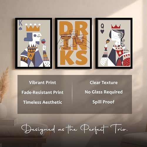 Image of PAINTINGMANTRA Poker King Queen Retro Graphic Framed Poster for Living Room inchDrinks inch Retro Framed Painting for Home Decor Bar Pub Lounge Dining area restaurant Hotel Set of 3, Size 33x45 cm