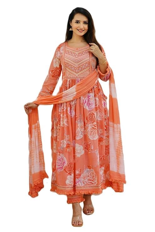 HA HEAVENLY ATTIRE Orange Embrodiery Naira cut Kurta pant set