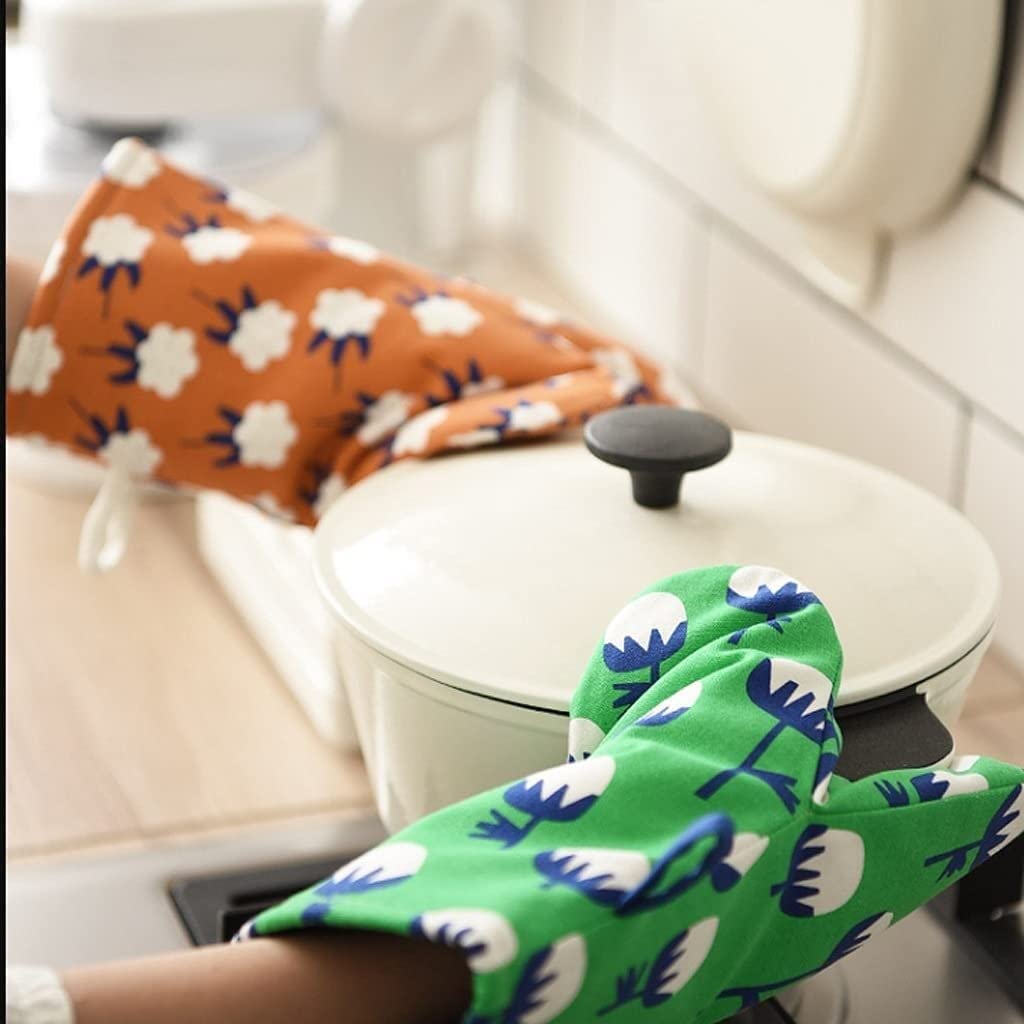 Gants De Four Coton Lin Gants Four Cuisine Cuisson Épais Anti-brûlure Isolation Gants Micro-Ondes Four Cuisson Cuisine Spécial, 2Pcs Gant Résistant A La Chaleur (Color : Grün)