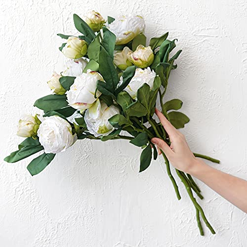 Image of FiveSeasonStuff Vintage White Peonies - Realistic Artificial Silk Flowers with Dry-Look Petals, 6 Stems for Rustic Home & Wedding Bridesmaids Bouquet Bridal Showers