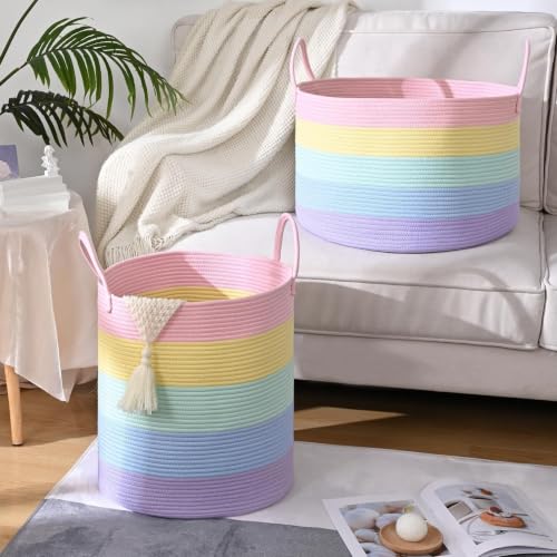 Image of 67L Large Rainbow Blanket Basket, Cotton Rope Baby Laundry Hamper with Handles, Kids Toy Basket for Classroom & Nursery, Soft Round Stuffed Animal Storage, Dog Toy Bin - 20 inchx13 inch, Light Rainbow