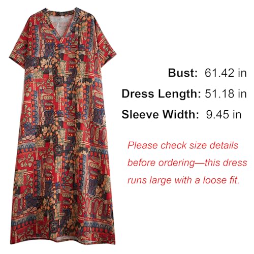Image of Plus Size Summer Dress Printed V Neck Casual Loose Long Dresses with Pockets