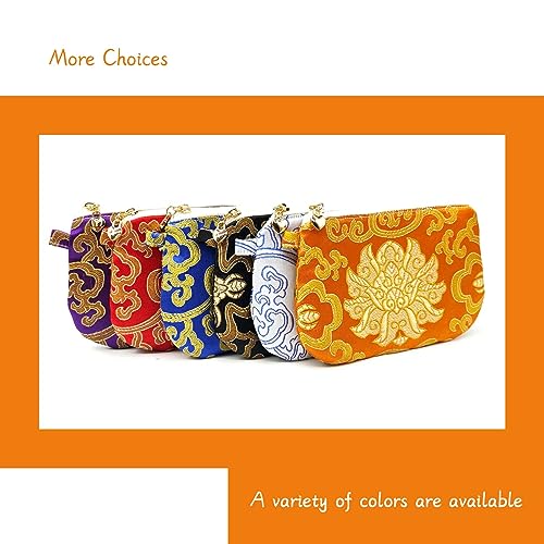 Image of Exquisite Handmade Silk Zipper Jewelry Pouch with Wristlet Strap | Women's Coin Purse Brocade Wallet for Makeup and Gifts, Orange