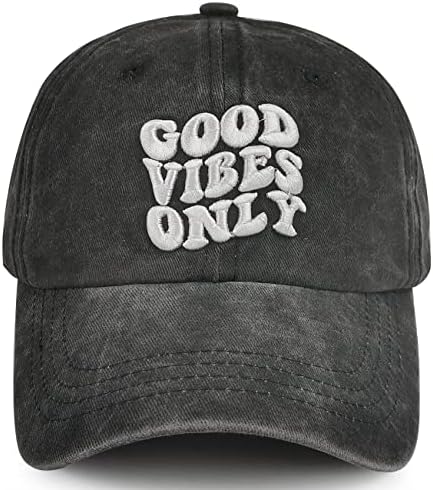 Good Vibes Only Hat, Positive Vibes Only Gifts for Men Women, Funny Adjustable Washed Cotton 3D Embroidered Baseball Cap (Embroidery Black)