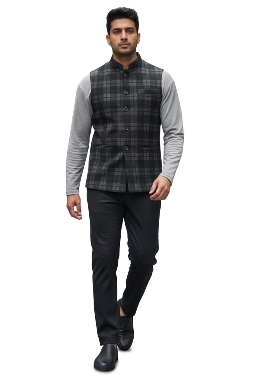IFB FASHIONS PRIVATE LIMITED Men's Nehru Jacket, Grey Checkered Pattern, Sleeveless Waistcoat, Mandarin Collar, Button Front-picture-58