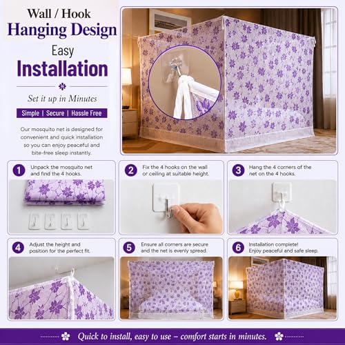 Image of Mosquito Net for King Size Bed & Double Bed, 6x7 Ft, Wall Hanging Machhardani, No Frame Required, Floral Vine Pattern, Premium Poly-Cotton Fabric, Soft Breathable Mesh for AC Rooms (Royal Purple Vine)
