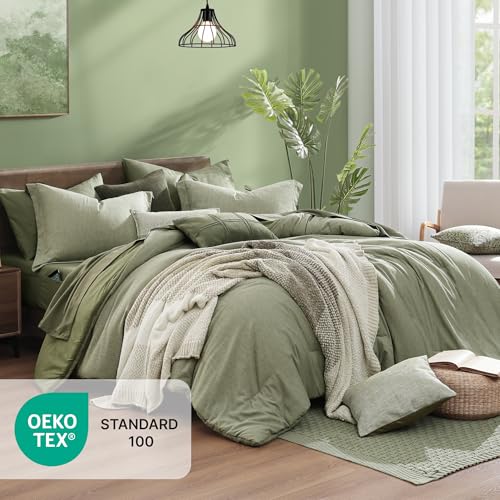 Monbix King Size Comforter Set, Sage Green King Size Bed Set Reversible 7 Pieces, Cationic Dyeing Bed in a Bag with Comforter, Sheets, Pillowcases & Shams