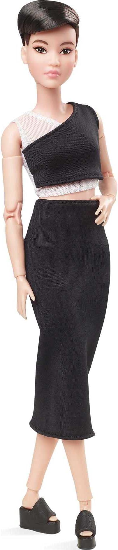 Signature Looks Doll (Petite, Brunette Pixie Cut) Fully Posable Fashion Doll Wearing Black Midi Skirt for Collectors