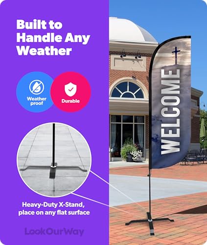 Image of LookOurWay Feather Flag Set - 5ft Tall Advertising Banner Flag with Pole Kit and X-Stand for Business Promotion - Welcome Church