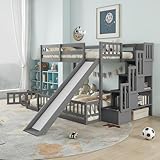 Duxelifin Twin Over Full Bunk Beds with Slide and Stairs, Low Bunk Bed Frame with Rails, Convertible Wood Bunk Bed with Storage Staircase for Kids Boys Girls, Gray