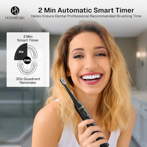 Image of HOMEBASIC Sonic Electric Toothbrush for Adults, 40000 VPM, 5 Modes, 6 Brush Heads, 60-Day Battery, USB-C Rechargeable, IPX7 Waterproof, Smart Timer, Travel Case for Men & Women (Black)