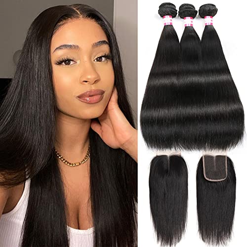 CYNOSURE Straight Bundles with Closure Human Hair Bundles with Closure 4x4 Middle Part Lace Closure with Bundles Natural Black (18 20 22+16 inch closure)…