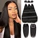 CYNOSURE Brazilian Virgin Hair Straight 3 Bundles with Closure 4x4 Middle Part Human Hair Bundles with Closure Natural Black (18 20 22+16 inch closure)