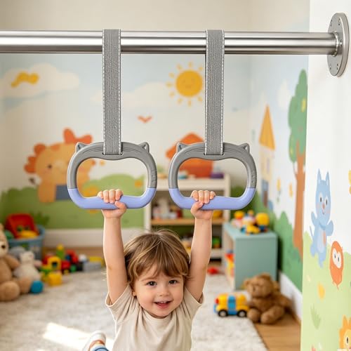 Image of Pull Up Bar for Home for Kids, Gymnastics Equipment for Kids, Kids Hanging Rod for Height, Monkey Bar for Home for Kids, Kids Exercise Equipment for Home, 1.45 Meters Length Adjustable Gray Rings